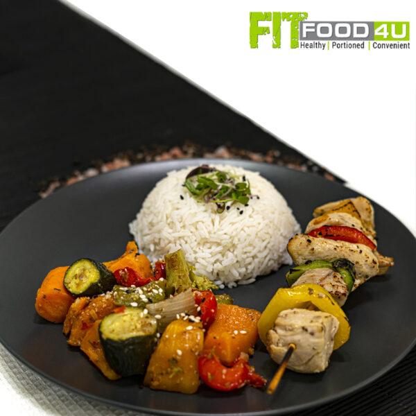 Chicken Bell Pepper Kebab with Basmati Rice and Roasted Mixed Veggies