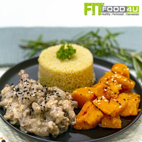 Beef Stroganoff with Roasted Butternut and Cous-Cous