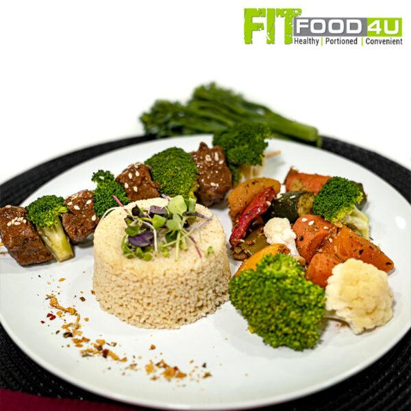 Beef and Broccoli Kebab with Cous-Cous and Roasted Mixed Veggies